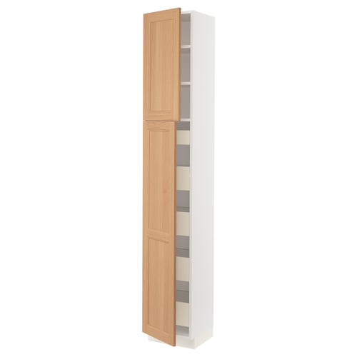 An open white SEKTION kitchen cabinet with wooden doors and shelves.