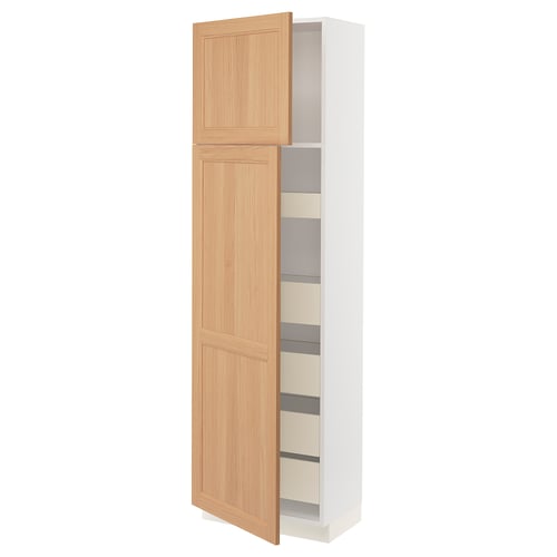Ikea SEKTION kitchen cabinet with wooden door, light wood color, rectangular shape, and shelves.
