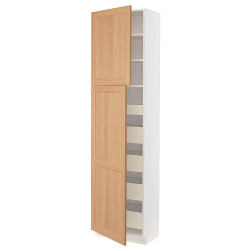 A SEKTION kitchen cabinet with a light oak door and white interior, featuring multiple shelves for storage.