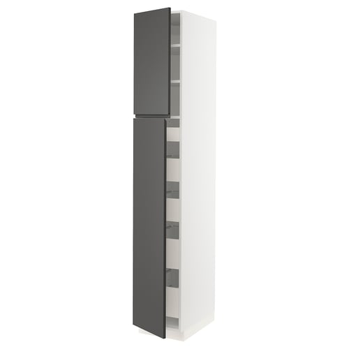A tall, slim modern kitchen cabinet in white with dark grey drawers. It multiple shelves, an integrated handle design, and built-in door dampers.
