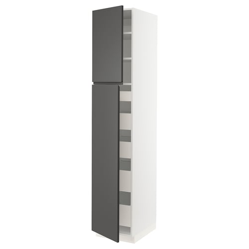 A tall, slim kitchen cabinet named SEKTION in white with dark grey doors. It has integrated handles and adjustable shelves.