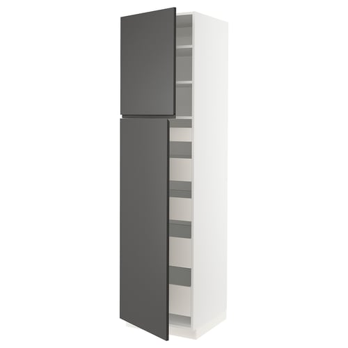 Modern kitchen cabinet, white with dark grey doors, tall, two doors, adjustable shelves.