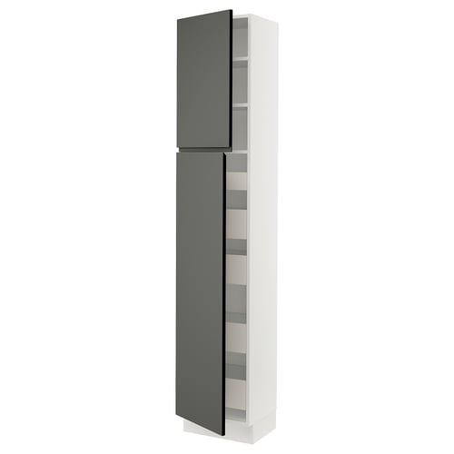 Ikea SEKTION kitchen cabinet, dark grey, slim, white interior, multiple shelves, two doors.