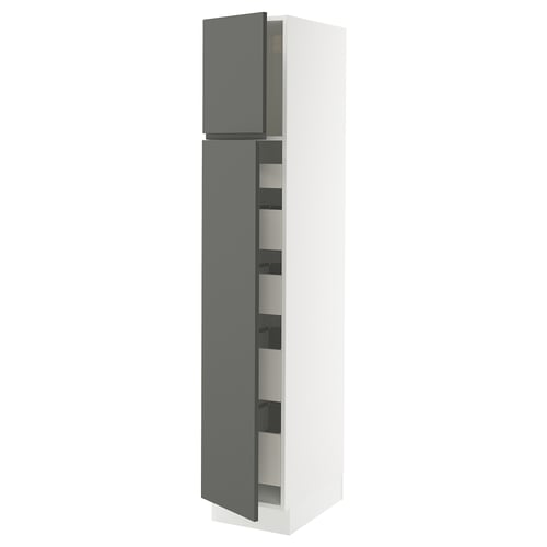 Modern tall white kitchen cabinet with grey doors, sleek design, and integrated handles.