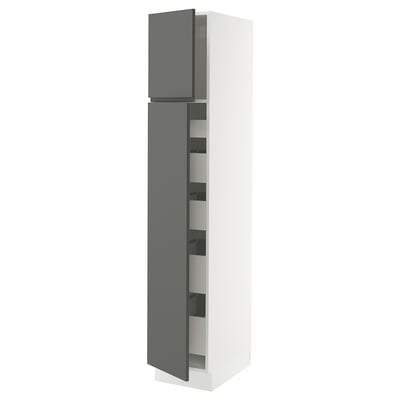 Modern tall white kitchen cabinet with grey doors, sleek design, and integrated handles.