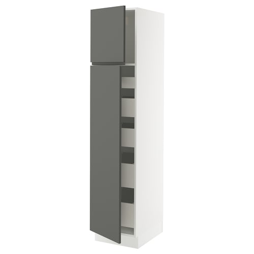 White and grey SEKTION kitchen unit with dark grey, modern handle-less doors.