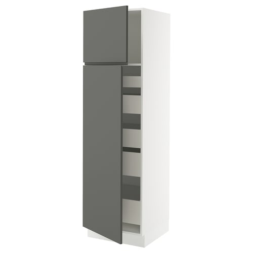 Modern grey & white kitchen cabinet with adjustable shelves and soft-closing hinges.