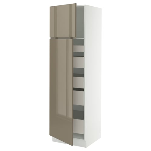 Modern, tall kitchen cabinet in high gloss dark grey-brown with sleek handles and adjustable shelves.
