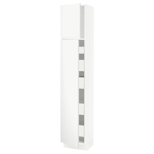 A tall white SEKTION kitchen cabinet with integrated handles and internal shelves. It stands upright with a minimalist design.