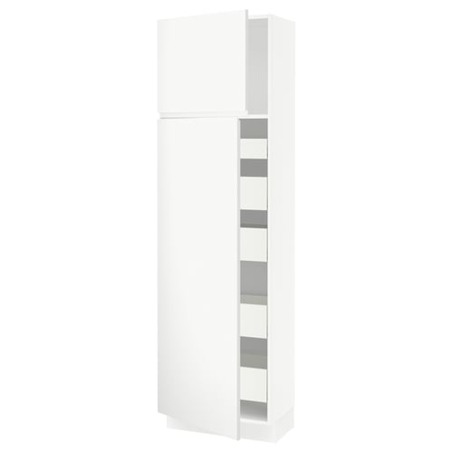SEKTION white kitchen cabinet with multiple shelves and drawers.