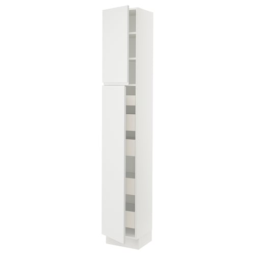 A modern white tall cabinet from the SEKTION kitchen system with a minimalist design. It multiple shelves inside and a smooth, handleless door.