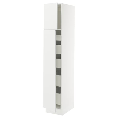 A white SEKTION kitchen cabinet with modern design, featuring adjustable shelves and integrated handles.