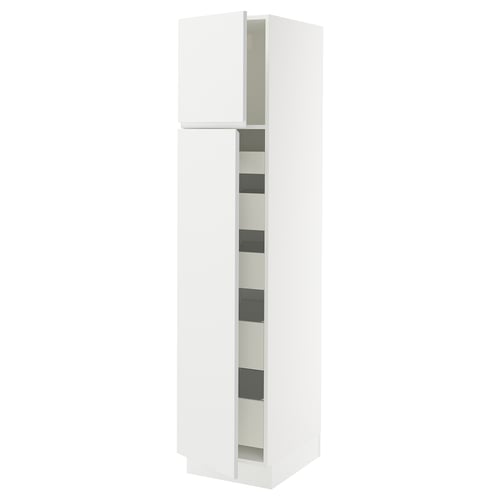 A white SEKTION kitchen cabinet with modern minimalist design, featuring adjustable shelves, and a door with integrated handles.