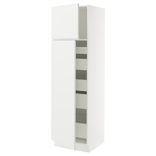 A white SEKTION kitchen cabinet with integrated handles and adjustable shelves.