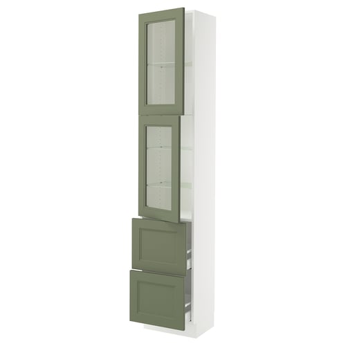 SEKTION kitchen cabinet with 3 gray-green glass doors and drawers.