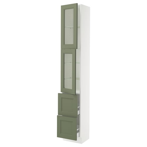 SEKTION kitchen unit in grey-green with glass doors and drawers.