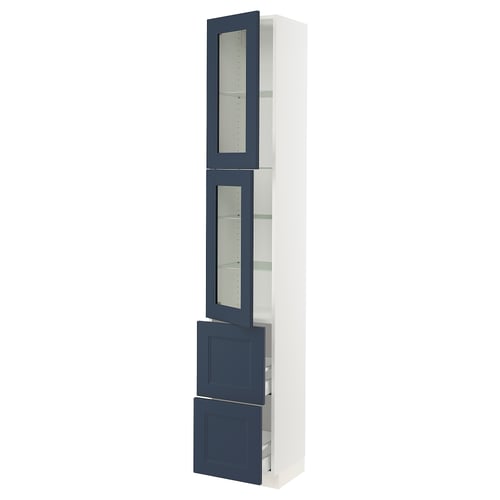 SEKTION: modern kitchen cabinet with blue glass doors. Tall, rectangular, white frame, blue accents.