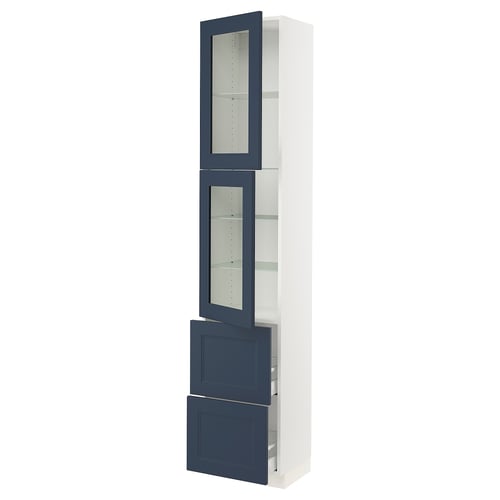 A white and blue kitchen cabinet with glass doors and drawers. The cabinet has a modern design with adjustable shelves and dampers for smooth closure.