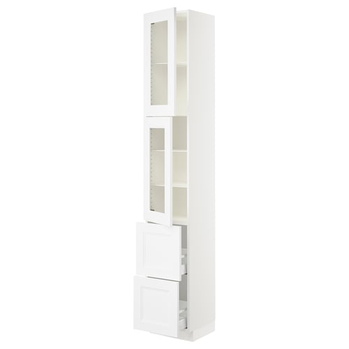 A SEKTION tall white kitchen cabinet with glass doors and drawers. It a sleek modern design with adjustable shelves.