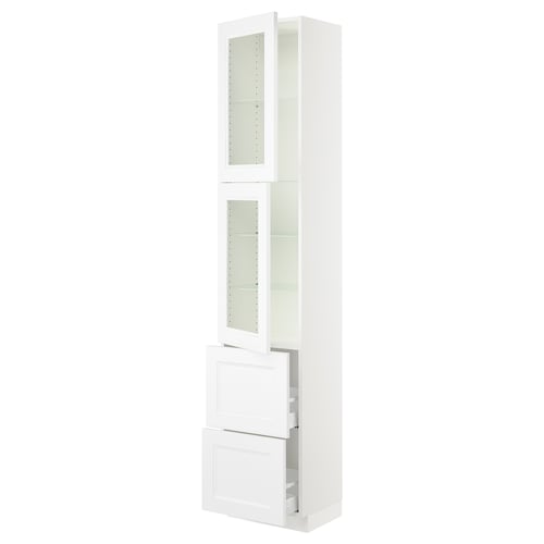 White SEKTION kitchen cabinet with glass doors and drawers.