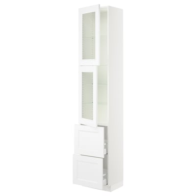 White SEKTION kitchen cabinet with glass doors and drawers.
