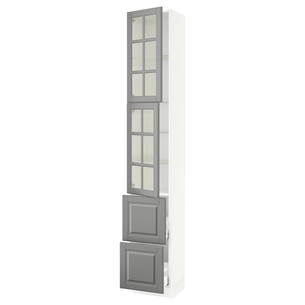 SEKTION / MAXIMERA High cb w 2 glass drs/2 drawers, white/Bodbyn gray, 15x15x90 "