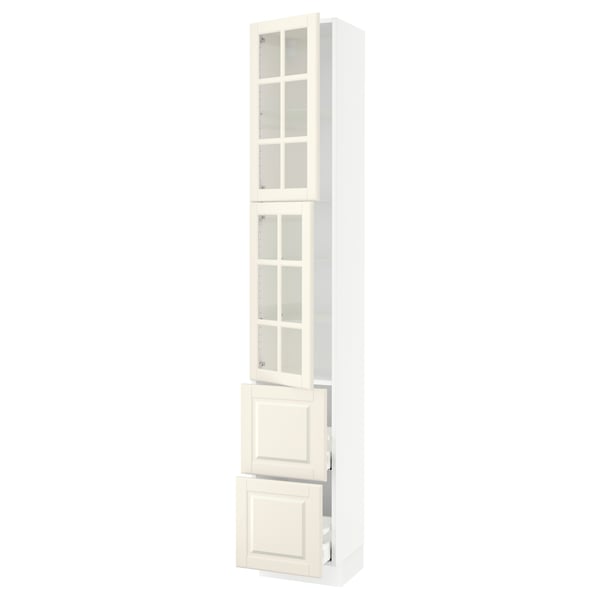 SEKTION / MAXIMERA High cb w 2 glass drs/2 drawers, white/Bodbyn off-white, 15x15x90 "
