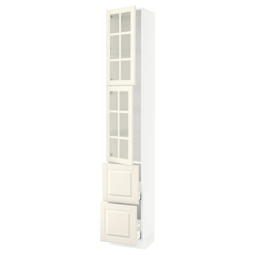 SEKTION off-white glass cabinet, traditional style, adjustable shelves, smooth drawers.