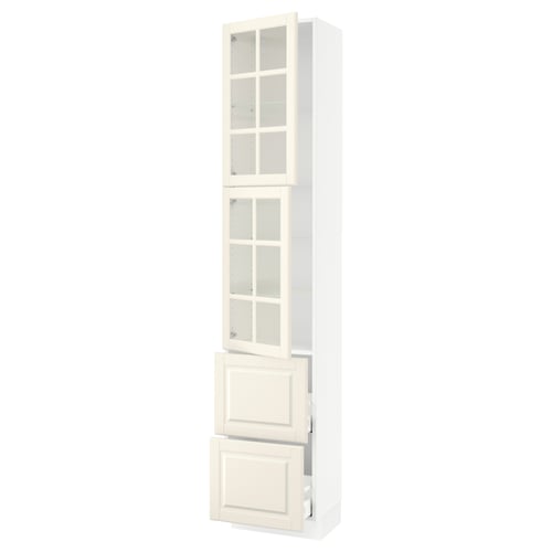 White SEKTION kitchen cabinet with glass doors and drawers.