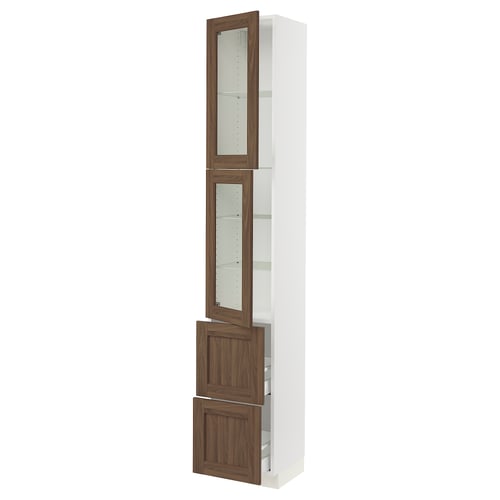 SEKTION kitchen cabinet, white with walnut glass doors, tall and rectangular. Adjustable shelves and sleek, modern design.