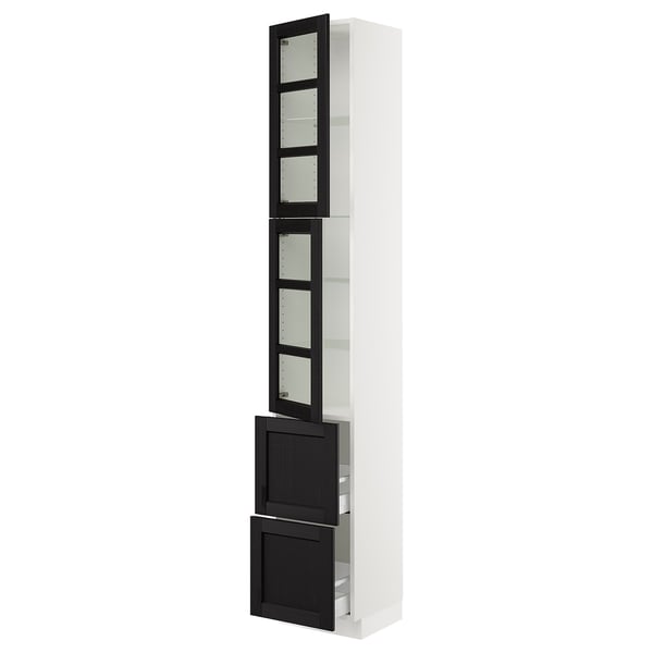 SEKTION / MAXIMERA High cb w 2 glass drs/2 drawers, white/Lerhyttan black stained, 15x15x90 "