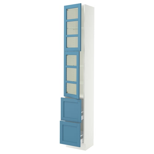 SEKTION / MAXIMERA High cb w 2 glass drs/2 drawers, white/Lerhyttan blue, 15x15x90 "