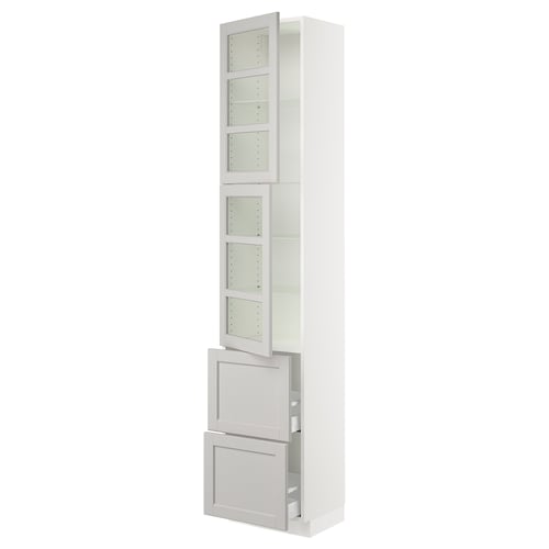 Light grey kitchen storage unit with glass doors