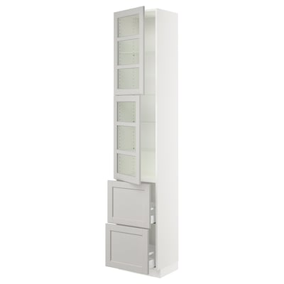 SEKTION / MAXIMERA High cb w 2 glass drs/2 drawers, white/Lerhyttan light gray, 18x15x90 "