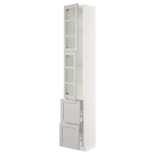 White ikea SEKTION kitchen cabinet with glass doors and drawers.