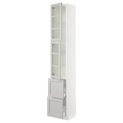SEKTION / MAXIMERA High cb w 2 glass drs/2 drawers, white/Lerhyttan light gray, 15x15x90 "