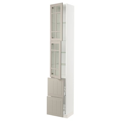 SEKTION / MAXIMERA High cb w 2 glass drs/2 drawers, white/Stensund beige, 15x15x90 "