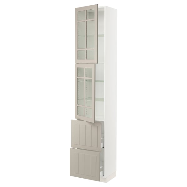 SEKTION / MAXIMERA High cb w 2 glass drs/2 drawers, white/Stensund beige, 18x15x90 "