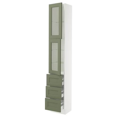 Tall white cabinet with green drawers and glass doors, modern design.