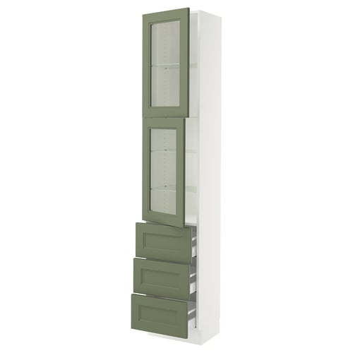 Modern kitchen storage: SEKTION cabinet, grey-green, glass doors, white background.