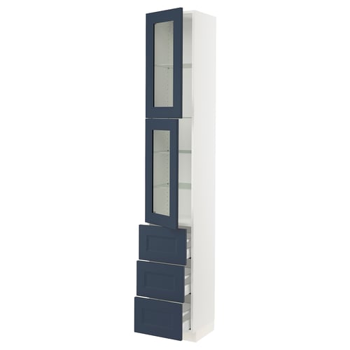 SEKTION kitchen cabinet: white & blue, glass doors, three drawers, adjustable shelves.