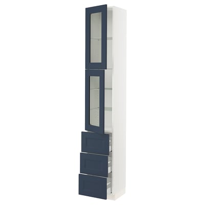 SEKTION / MAXIMERA High cb w 2 glass drs/3 drawers, white Axstad/matte blue, 15x15x90 "