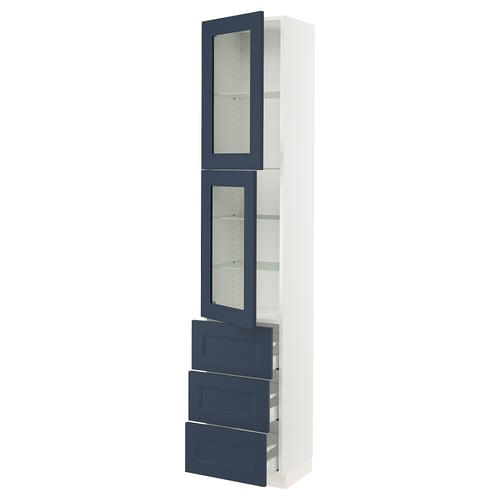 Modern blue-white kitchen cabinet with glass doors and drawers.