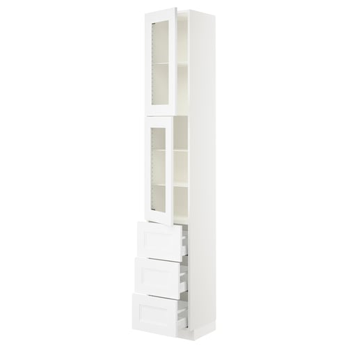Ikea SEKTION white kitchen cabinet, glass doors, adjustable shelves, pull-out drawers.