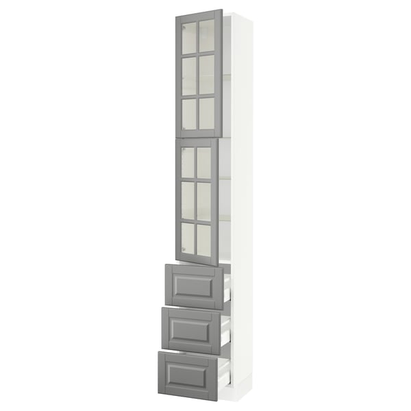 SEKTION / MAXIMERA High cb w 2 glass drs/3 drawers, white/Bodbyn gray, 15x15x90 "