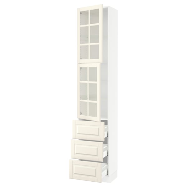 SEKTION / MAXIMERA High cb w 2 glass drs/3 drawers, white/Bodbyn off-white, 18x15x90 "