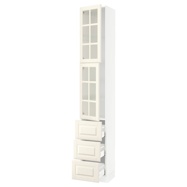 SEKTION / MAXIMERA High cb w 2 glass drs/3 drawers, white/Bodbyn off-white, 15x15x90 "