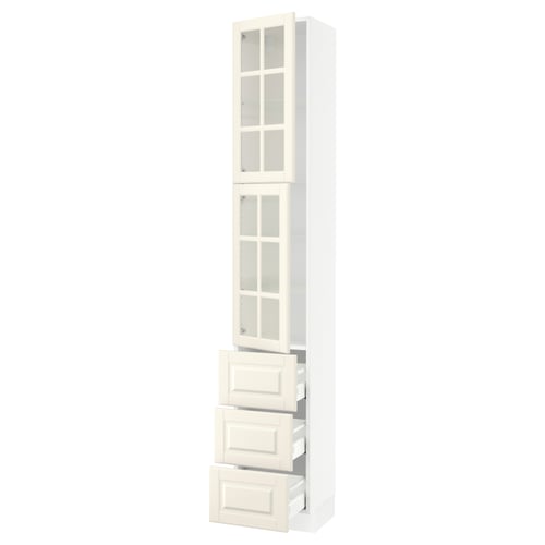 An off-white SEKTION kitchen cabinet with glass doors and drawers. It a tall, rectangular shape with a traditional design.