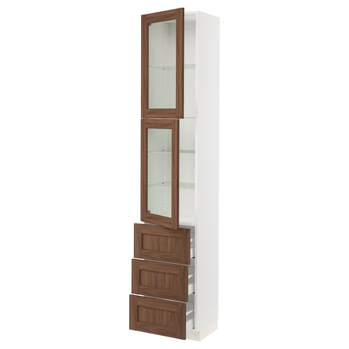 White SEKTION kitchen cabinet with walnut glass doors and wooden drawers.