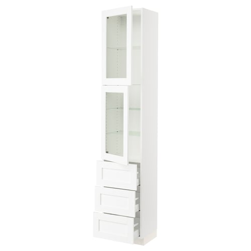 A white SEKTION kitchen cabinet with glass doors and drawers. It has a sleek, modern design with a sturdy frame and adjustable shelves.